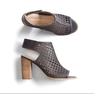 Report Rumi laser cut caged open toe stacked heel booties Sz 7.5